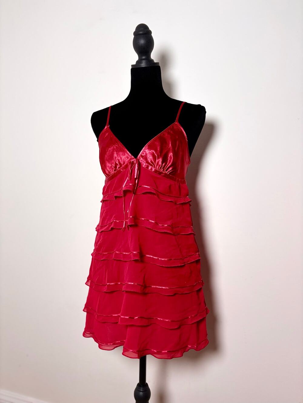 Vtg Y2K La Senza Scarlet Red Tiered Ruffle Babydoll Mini Slip Dress Size S/M
